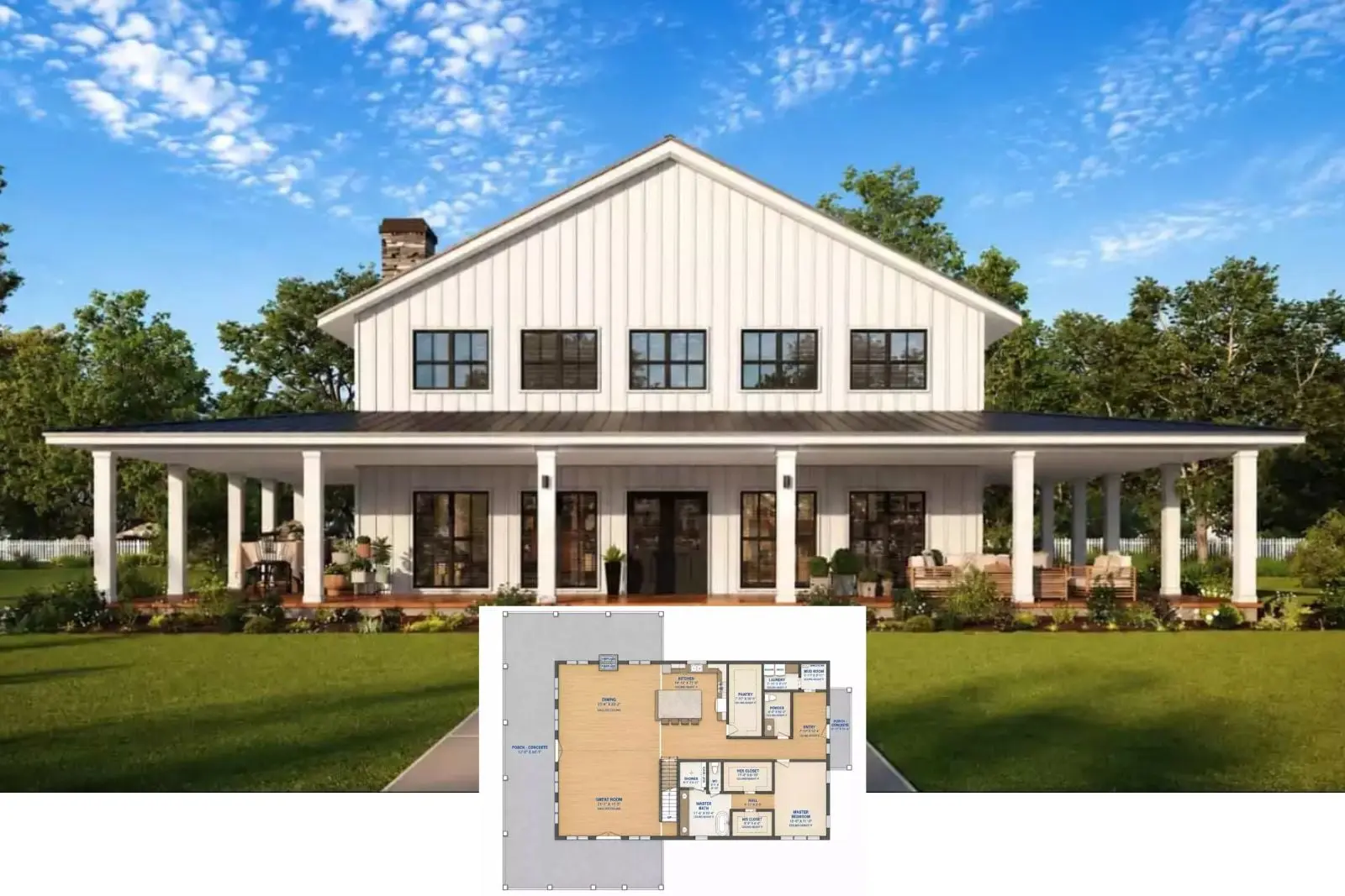 Faraday Heights: plan barndominium cu 4 dormitoare, verandă perimetrală și 3.955 mp
