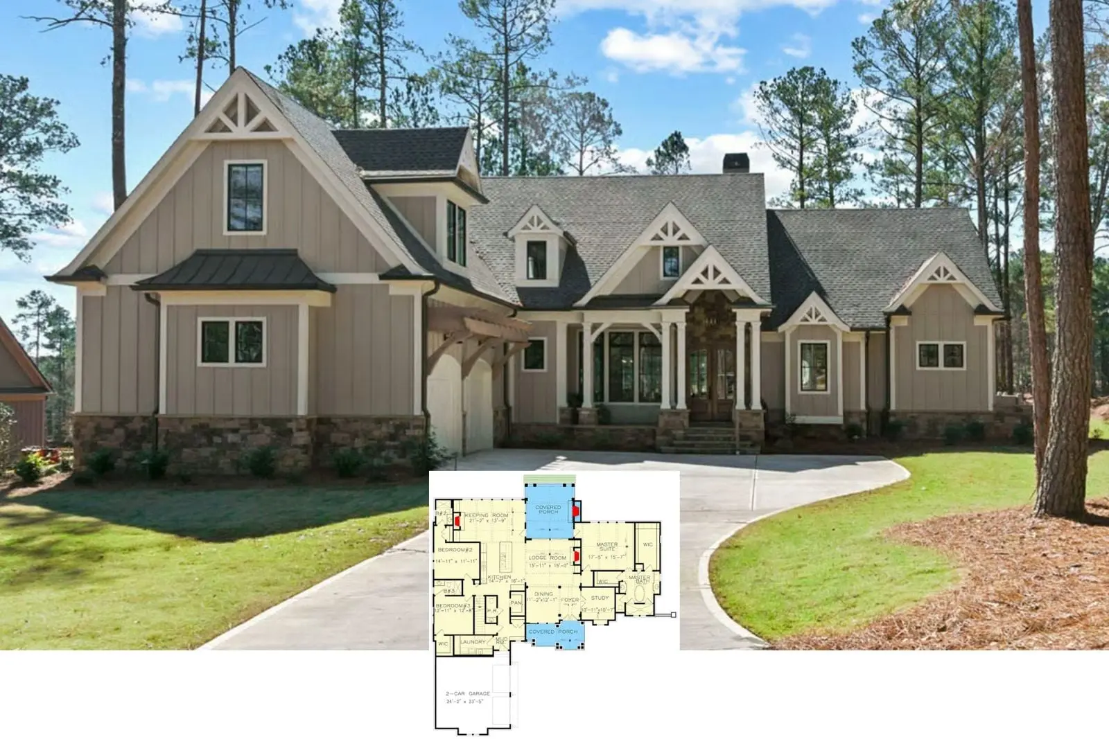 Plan de casă Country Craftsman: 4 dormitoare, cameră bonus și 3.334 mp