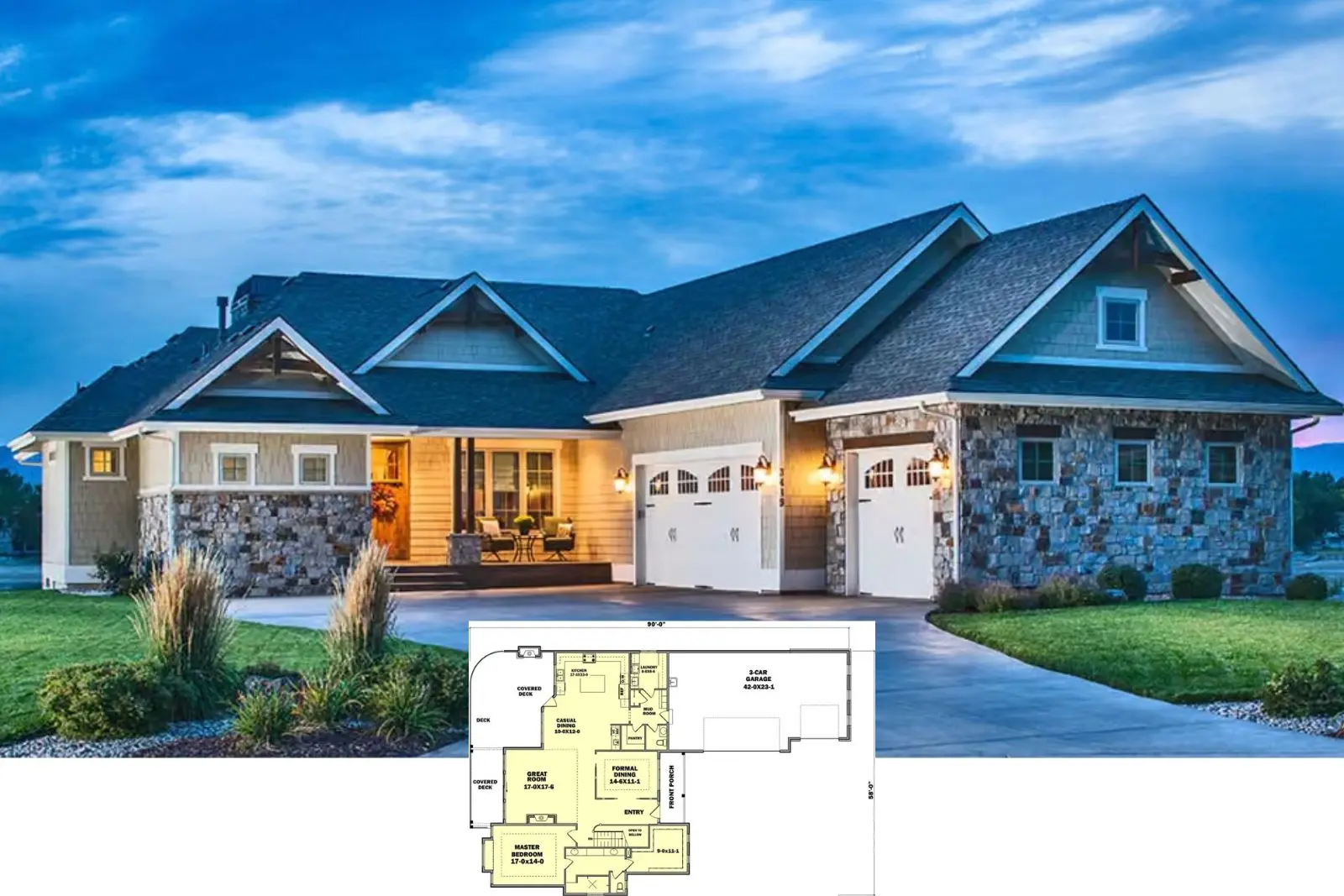 Planul de casă Craftsman cu 3 dormitoare și subsol cu ieșire pe exterior