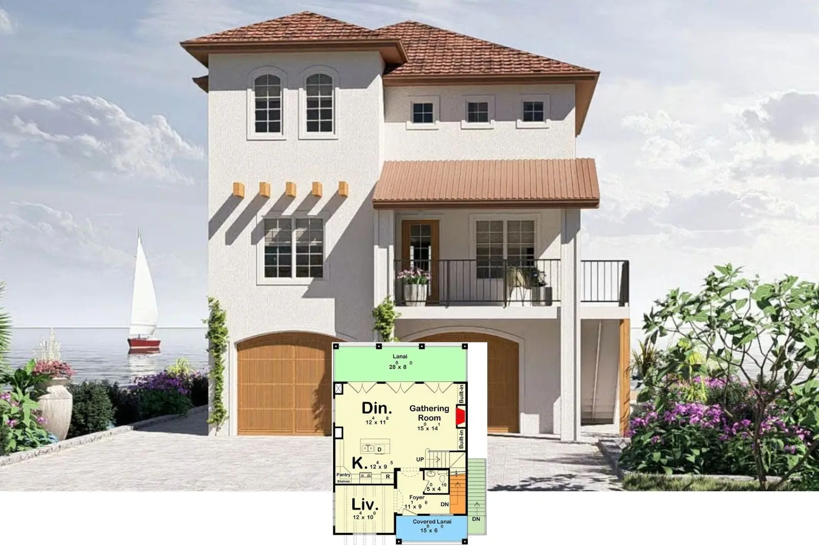 Plan de casă tuscană cu garaj drive-under pentru 2 mașini și 1.633 mp (Villa Marina)